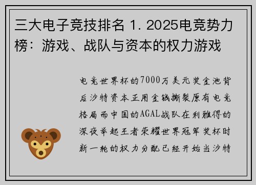 三大电子竞技排名 1. 2025电竞势力榜：游戏、战队与资本的权力游戏  2. 全球电竞三重奏：2025年度游戏、战队与赛事风云录