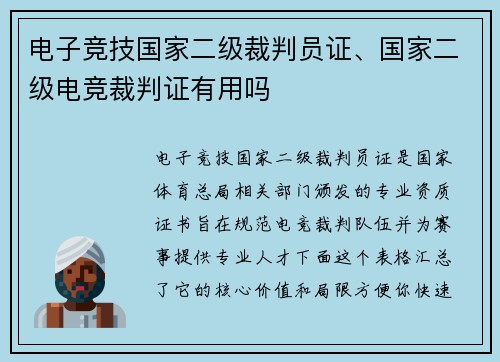 电子竞技国家二级裁判员证、国家二级电竞裁判证有用吗